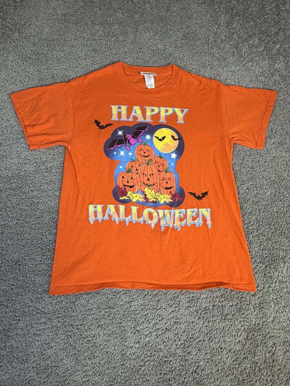 Vintage Basic Editions Halloween Shirt Mens M Orange Pumpkins Bats Moon 90s